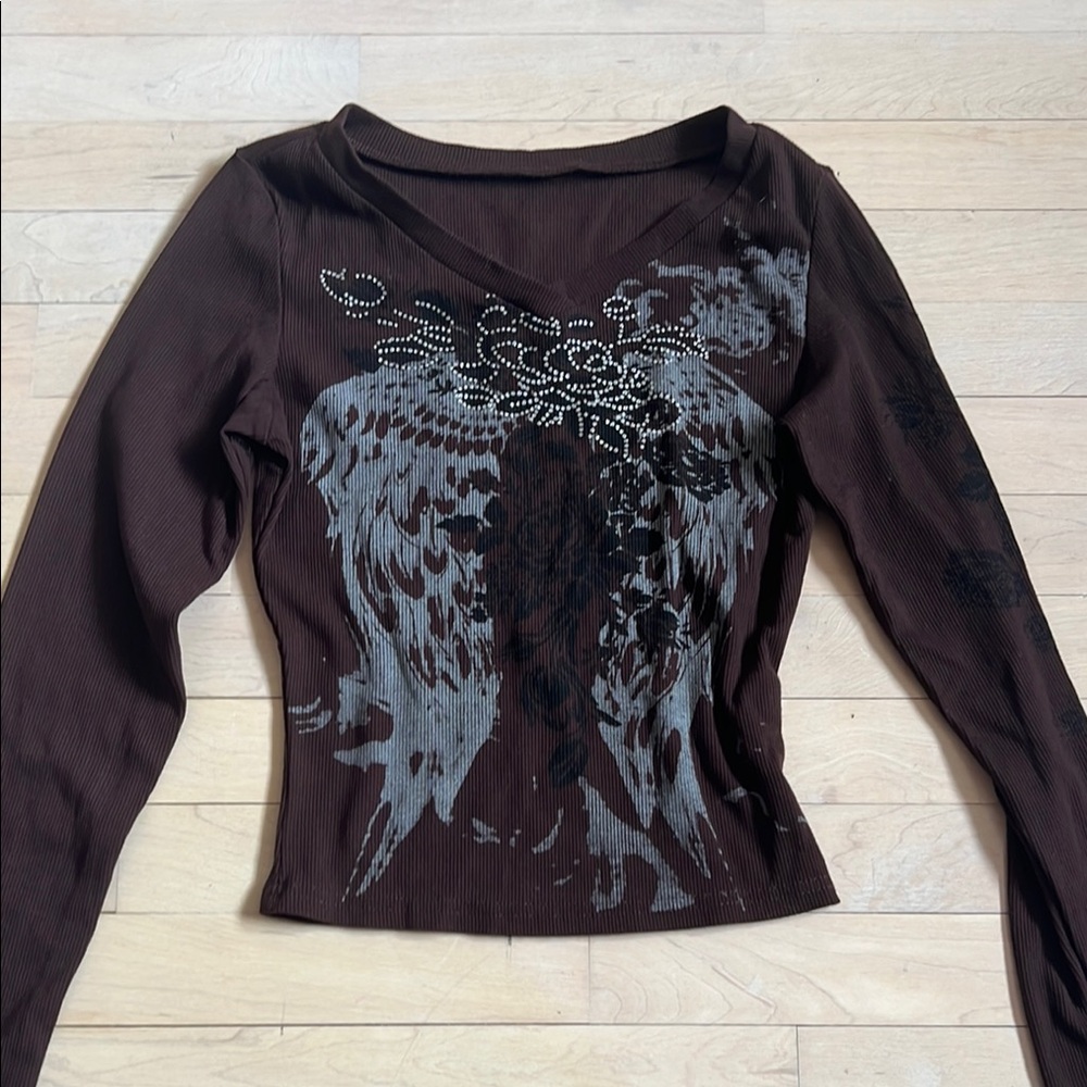 Y2K Brown Graphic Long Sleeve Top